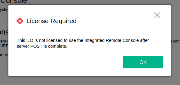 This iLO is not licensed to use the Integrated Remote Console after POST is complete.