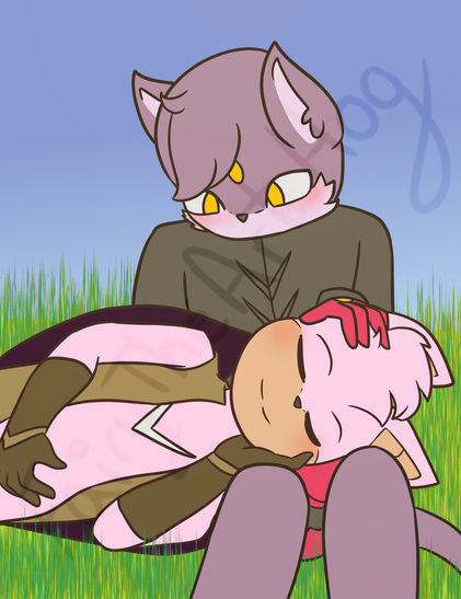 Grassy area in the morning. Two Sonic characters are in it. A purple cat sitting down with a pink bat resting in her lap. She is gently patting his head.