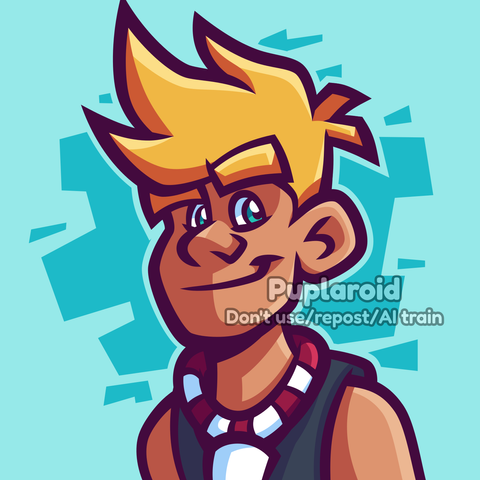 A digital vector portrait artwork of a teenager boy original character, smiling and looking at the viewer. He has blonde hair, a beads necklace with a shark tooth, and a black tanktop. Behind him, there's a abstract geometric dark teal background.