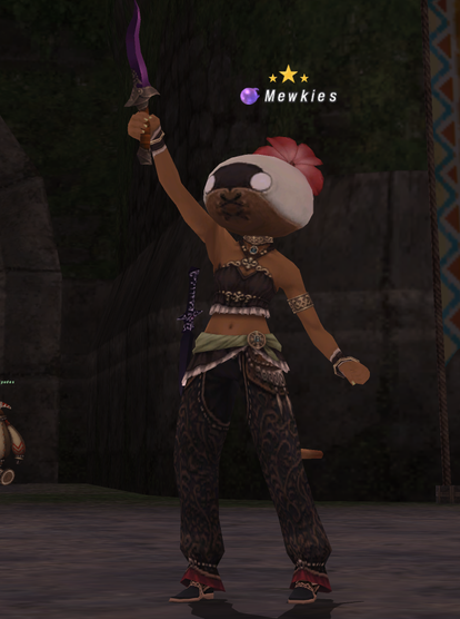 Mewkies, a mandragora-helmet wearing mithra in Final Fantasy 11 raises her purple dagger to the sky triumphantly, she has three mastery stars over her name.