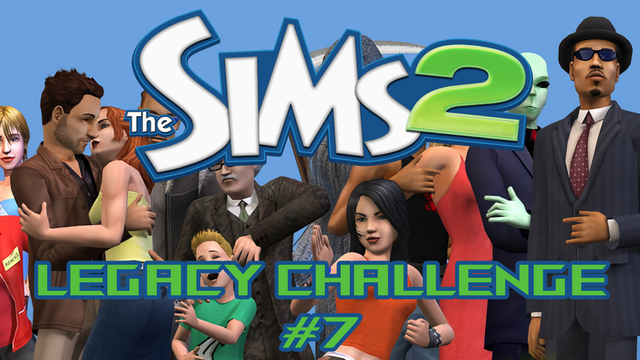 The Sims 2 Logo over a picture of a variety of sims in  different poses on a blue background. Text below reads: Legacy Challenge #7