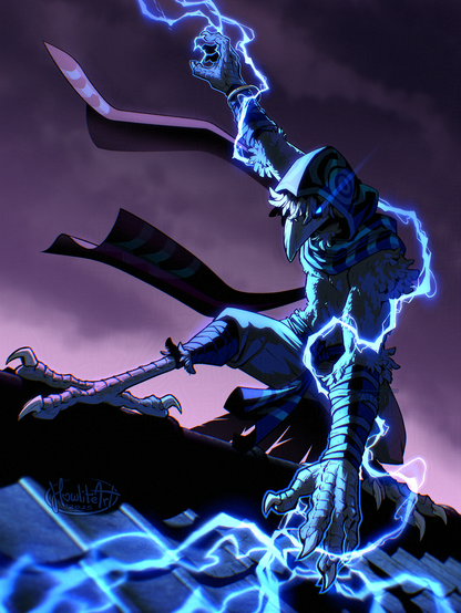 Digital art of a kenku/tengu (anthro crow) in a black hood and scarf, crouched on a clay tile roof, with one arm raised to the sky and the other down to the roof. A bolt of lightning is traveling over his arms and around his body, moving off-screen to electrify his target, and harshly lightning the edge of his body. A glowing blue eye is visible beneath his long feather fringe.