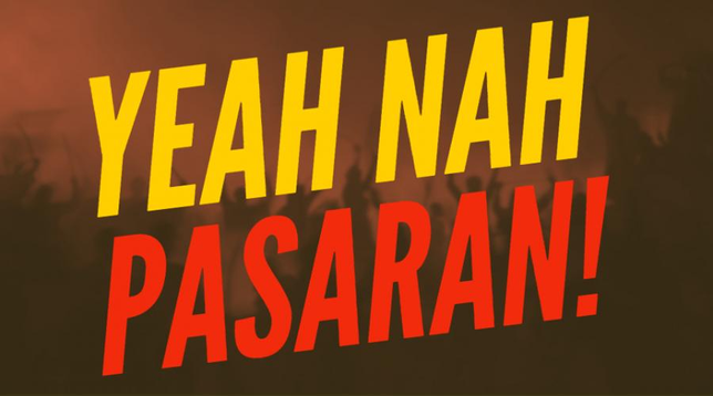 The banner image for "Yeah Nah Pasaran!" which has "yeah nah" in yellow, with "pasaran!" in red over a red-shifted image of people protesting.
