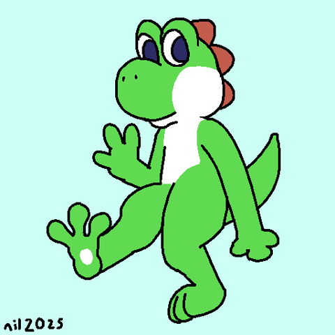 Yoshi waving at the viewer, showing off one of his feet.