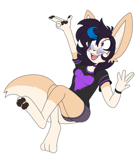 Fox, the fennec with a blue cowlick, smiles as she floats, her hand held up and her legs kicked up