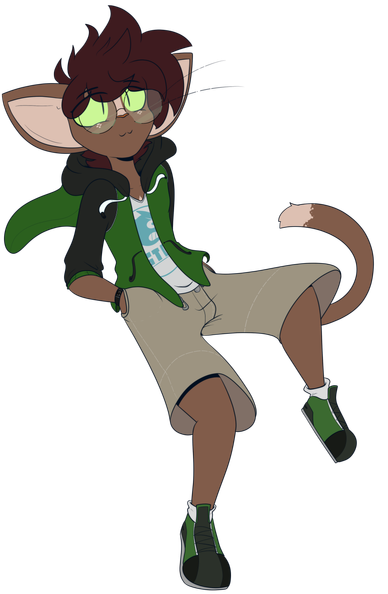 Max the havanah brown cat floats casually with his hands in his pocker and his legs hanging