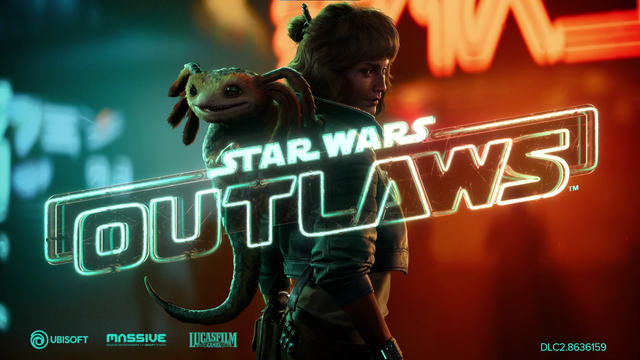 Standing in front of a blurry neon filled cyberpunk bladerunner looking backdrop, Kay Vess has Nix on her back with the games title logo

Star Wars Outlaws 

in front.

Logos for: Ubisoft, Massive, & Lucasfilm are across the bottom.