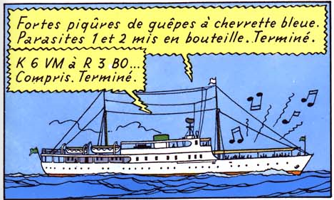 Une case de Tintin éoù on dit «Fortes piqûres de guêpes à chevrette bleue.»