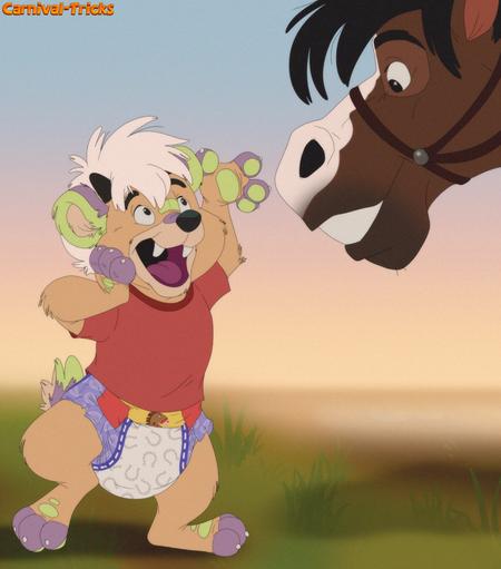 Coco reaching out to pet the snoot of a horse who is reaching down for pets. Coco is brimming with excitement!