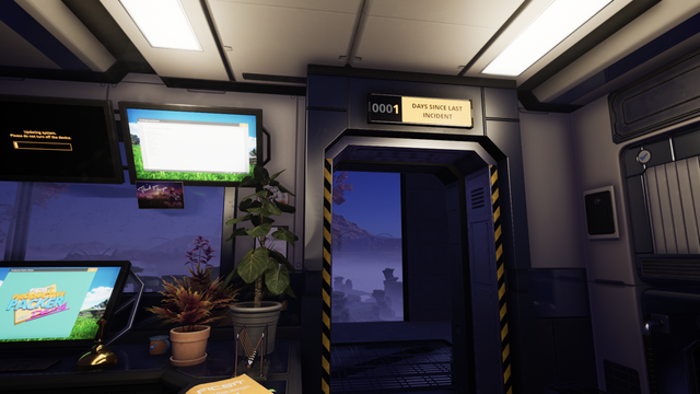 HUB interior looking out the door. A sign above the door reads: 0001 DAYS SINCE LAST INCIDENT