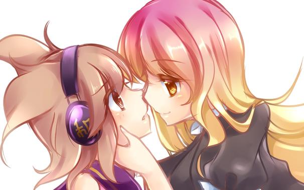 2girls, brown eyes, brown hair, commentary request, earmuffs, grabbing another's chin, gradient hair, hand on another's chin, imminent kiss, long hair, multicolored hair, multiple girls, pointy hair, yellow eyes, yuri