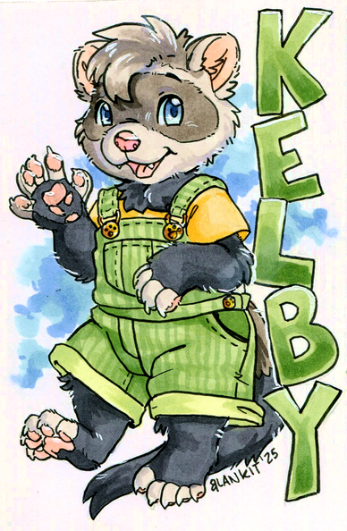 A ferret in green shortalls drawn in traditional markers waving.