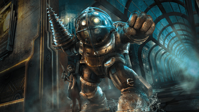 The image shows a big, armored figure in an old-fashioned diving suit with a glowing helmet, standing in a dark, underwater tunnel with arches. It has a huge fist and a drill for a hand. A small girl in a worn dress stands next to it, holding its leg. The scene is blue-green, with mist and water drops.