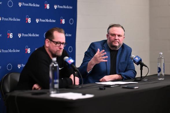 Apr 13, 2025; Philadelphia, Pennsylvania, USA; Philadelphia 76ers president of basketball operations Daryl Morey addresses the media with head coach Nick Nurse after the game against the Chicago Bulls at Wells Fargo Center. Mandatory Credit: Kyle Ross-Imagn Images