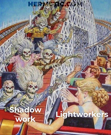 Horror Painting by Johnny Craig meme format, roller coaster with undead riding down reaching out for 50s normies riding up. Text is in OP.