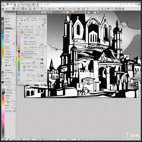 A weird, messed up user interface for an imaginary art program. There are colors in little blocks around everywhere, menus, search boxes, and an example image of a cathedral in a black and while monotone style shown hanging off the edge of a canvas.