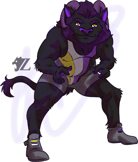Nyx Allocer, an incubus, crouches as they prepare to grapple with the viewer. They are black furred with a deep violet mane, chubby in build but with strong arms and legs. They look at the viewer with golden eyes, lighter purple horns curling around large, attentive ears. They wear a gray wrestling singlet with four strips with the colors of the nonbinary flag swooping from the chest down to the crotch. They also wear gray shoes with laces in those same colors.