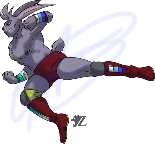 Kanin, a male anthropomorphic rabbit, leaps in the air about to perform a Superman punch on an unseen opponent. He is gray in color from head to toe, with blue eyes, rainbow piercings on his right ear, and two barbell piercings on his left nipple. He wears red trunks and boots, with gray knee pads. His wristbands and kick pads are in the colors of the trans-inclusive gay flag.