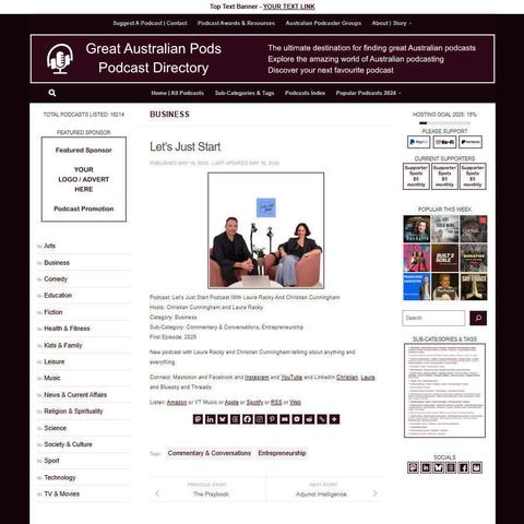Let's Just Start Podcast With Laura Racky And Christian Cunningham
Screenshot of the podcast listing on the Great Australian Pods website