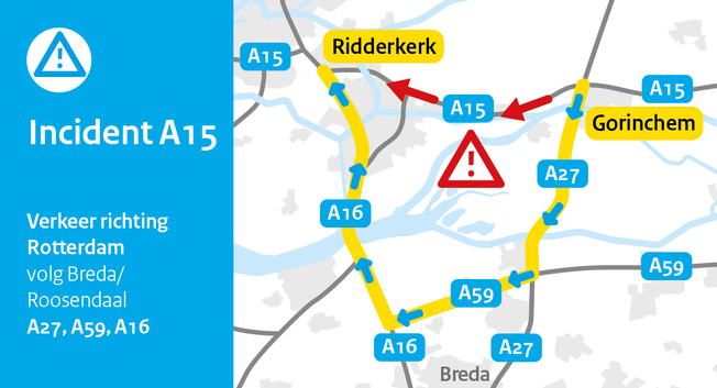Incident A15. Verkeer richting Rotterdam volg Breda over de A27, A59 en A16.