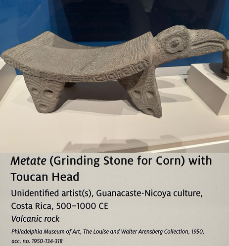 photo of the toucan head metate on display at museum with gallery label “Metate (Grinding Stone for Corn) with Toucan Head Unidentified artists), Guanacaste-Nicoya culture, Costa Rica, 500-1000 CE Volcanic rock Philadelphia Museum of Art, The Louise and Walter Arensberg Collection, 1950, асс. по. 1950-134-318”
