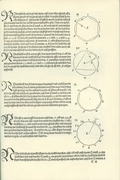 A page from Dürer's maths book showing the construction of polygons in a circle