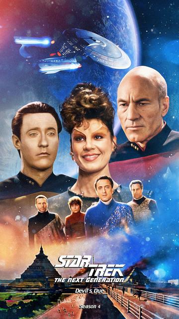 A poster for the Star Trek The Next Generation episode Devil's Due, featuring the faces of Data and Picard beside the face of a beautiful woman. Below them are members of a planet's leadership over a futurist cityscape that appears to be damaged.
