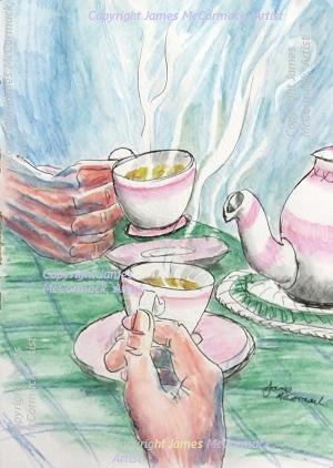 G.
Tea and Sympathy is a drawing in coloured pencils showing two hands holding steaming cups of tea with a teapot partly visible.