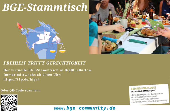Der virtuelle BGE-Stammtisch in BigBlueButton.

Mittwochs, ab 20:00 Uhr, in BigBlueButton:
https://meet.4m2.net/b/soz-9jp-4uf-mzg