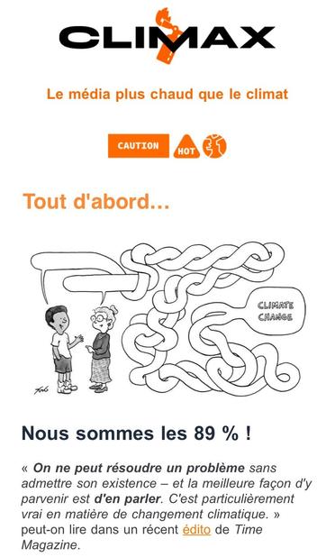 Capture d’écran de la dernière newsletter de Climax, version mail donc. A la une aujourd’hui : nous sommes 89% à vouloir en faire plus pour le climat. Alors parlons-en !