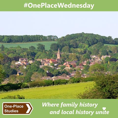 #OnePlaceWednesday. 
Image: Photo of a view centred on a small village in West Northamptonshire, its church (with spire) and houses nestled amongst trees. In the foreground is a field and hedgerow; beyond the village is highter ground, partly wooded and partly farmed.  
One-Place Studies, where family history and local history unite.