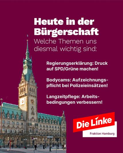 Grafik der Fraktion Die Linke Hamburg mit dem Hamburger Rathaus. Überschrift: ‚Heute in der Bürgerschaft – Welche Themen uns diesmal wichtig sind‘. Aufzählung: ‚Regierungserklärung: Druck auf SPD/Grüne machen!‘, ‚Bodycams: Aufzeichnungspflicht bei Polizeieinsätzen!‘, ‚Langzeitpflege: Arbeitsbedingungen verbessern!‘. Unten rechts das Logo der Partei Die Linke Fraktion Hamburg.