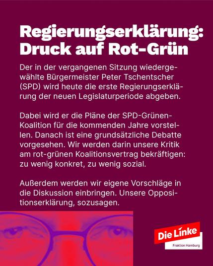 Grafik der Fraktion Die Linke Hamburg mit dem Hamburger Rathaus. Überschrift: ‚Heute in der Bürgerschaft – Welche Themen uns diesmal wichtig sind‘. Aufzählung: ‚Regierungserklärung: Druck auf SPD/Grüne machen!‘, ‚Bodycams: Aufzeichnungspflicht bei Polizeieinsätzen!‘, ‚Langzeitpflege: Arbeitsbedingungen verbessern!‘. Unten rechts das Logo der Partei Die Linke Fraktion Hamburg.