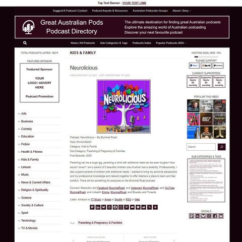 Neurolicious - By Mummel Road
Screenshot of the podcast listing on the Great Australian Pods website