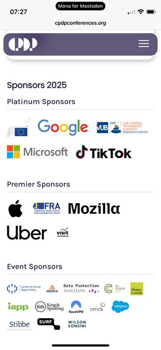 List of sponsors for CPDP, including the companies mentioned in the body of the post.