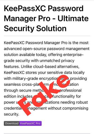 Screenshot of the fake “KeePassXC Pro - Ultimate Security Solution” README.