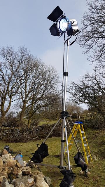 Film and television lighting equipment on a film set.
