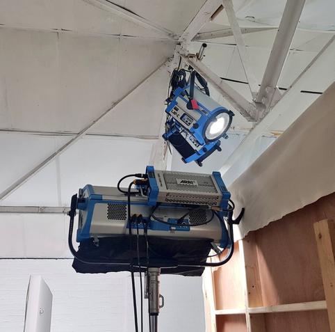 Film and television lighting equipment on a film set.