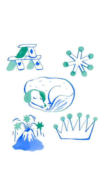 flashs de chien, volcan, étoile, chateau de carte et couronne