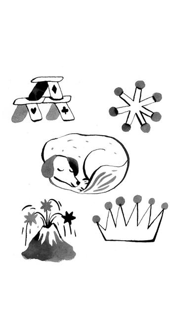 flashs de chien, volcan, étoile, chateau de carte et couronne