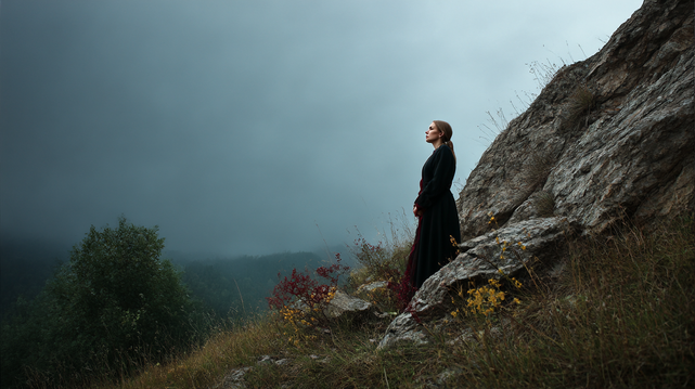 Solitude au bord du vide.
Femme debout sur un versant rocheux sous un ciel orageux, absorbée dans une contemplation silencieuse.
Woman standing on a rocky slope under a stormy sky, lost in silent contemplation.