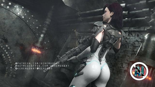digital art of a female cyborg with body armor and rifle standing in a dark and gritty high tech space craft corridor