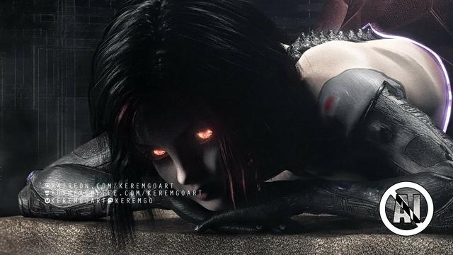 close up detail of a female cyborg character with mechanical spine and arms, glowing eyes and dark black red hair