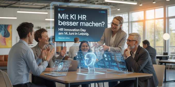 A photograph of a modern, brightly lit office space where a diverse group of HR professionals are engaged in a collaborative meeting. Several individuals are interacting with holographic AI interfaces displaying dynamic digital data streams, while others exhibit expressions of empathy and focused concentration. Prominently displayed on a large interactive screen is the text "Mit KI HR besser machen?" and "HR Innovation Day am 14. Juni in Leipzig," creating a futuristic and approachable atmosphere enhanced by warm natural light filtering through the large windows. The background subtly reveals sleek, minimalist furniture and abstract artwork, reinforcing the theme of technological innovation within a human-centric workspace.