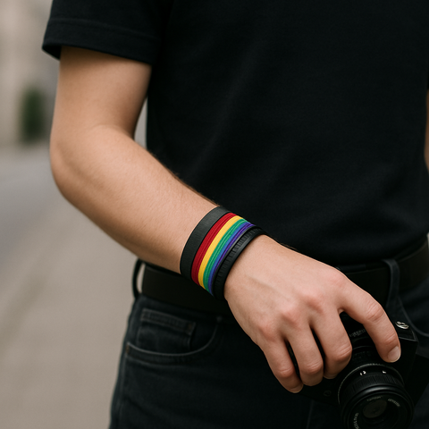 Zu sehen ist ein mittlerer Teil einer schwarz gekleideten Person, die ein schwarzes Armband mit einem darüber befindlichen regenbogenarmband trägt.