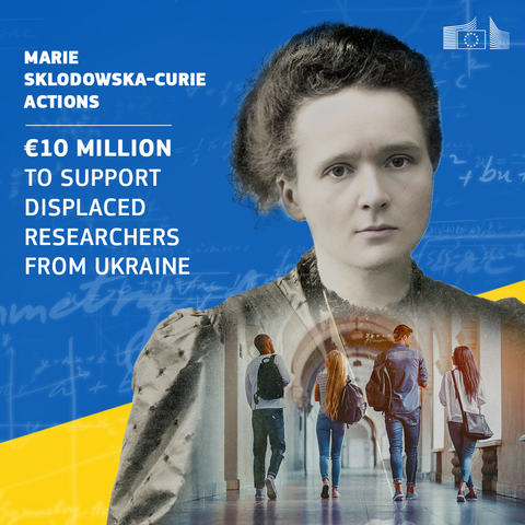 Graphic for Marie Skłodowska-Curie Actions announcing €10 million to support displaced Ukrainian researchers. Features Marie Curie’s portrait blended with an image of students walking in a university hallway, overlaid with blue and yellow elements of the Ukrainian flag.