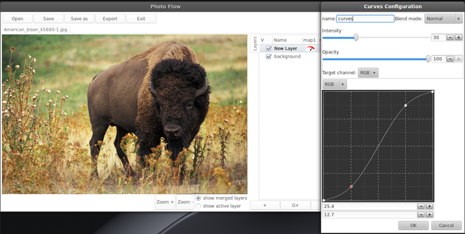 A screenshot of Photo flow showing the Curves tool applied to an image to increase the contrast.