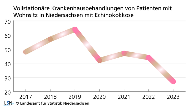 Vollstationäre Krankenhausbehandlungen von Patienten mit Wohnsitz in Niedersachsen mit Echinokokkose von 2017 bis 2023. Die Zahl der Fälle sank in diesem Zeitraum um 43,8%. Das Aussehen des Graphen ist an einen Wurm angelehnt.