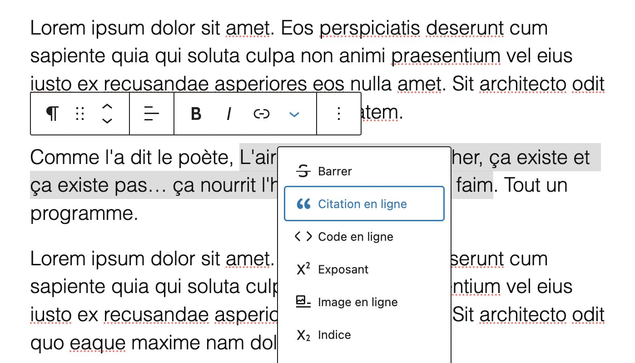 Aperçu de l’extension, qui génère un élément « Citation en ligne » dans l’éditeur Gutenberg de WordPress.