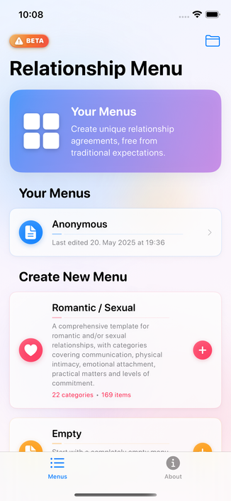 Screenshot of a mobile app called “Relationship Menu” in beta. The interface shows an option to view saved menus, with one titled “Anonymous” last edited on May 20, 2025. Below, there are options to create a new menu, including a "Romantic / Sexual" template with 22 categories and 169 items, and an “Empty” template. The design is soft and modern with rounded cards and pastel gradients.